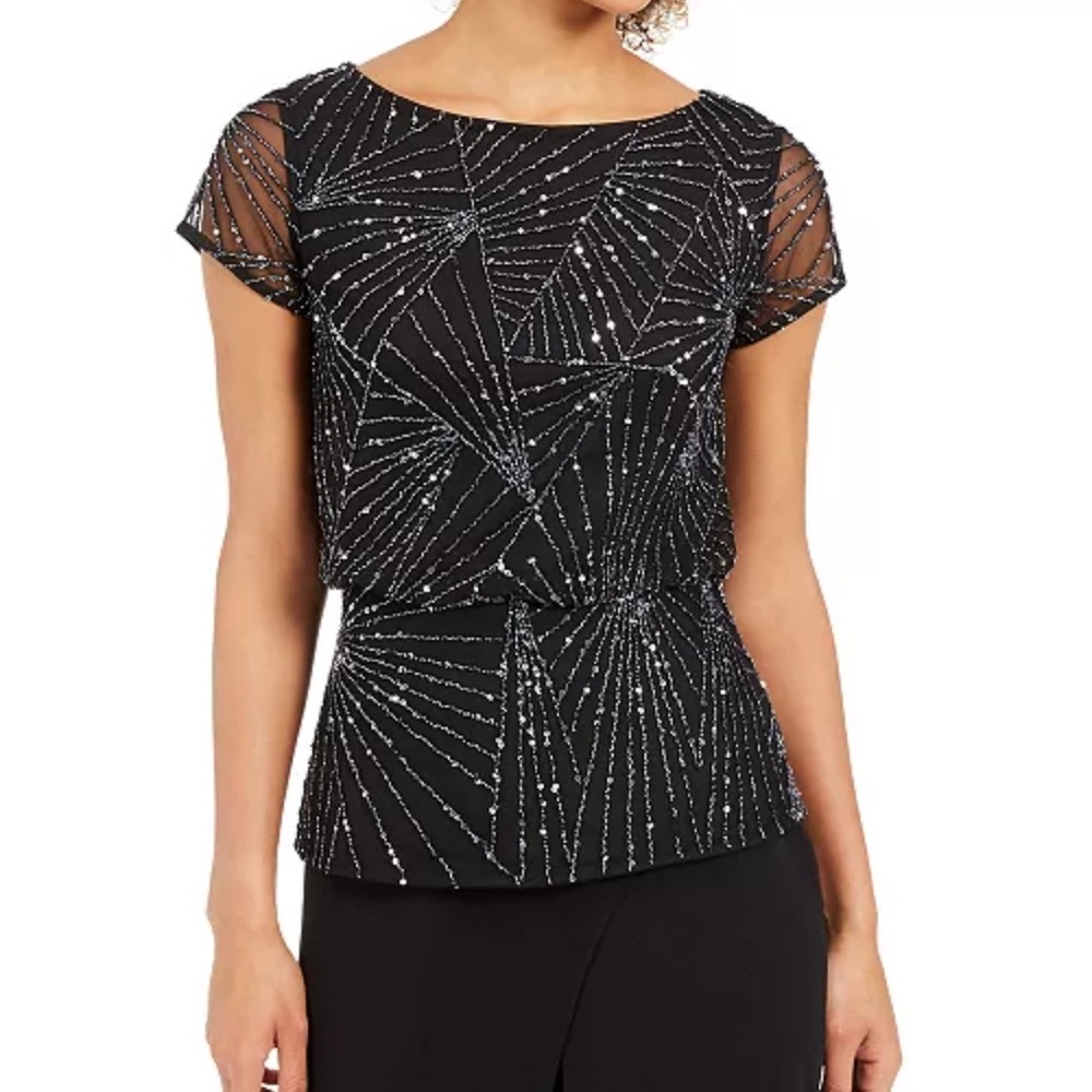 Adrianna Papell Black and Gold Graphic Embellished Blouse